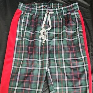 Plaid Jogger Pants with Red Side Stripes